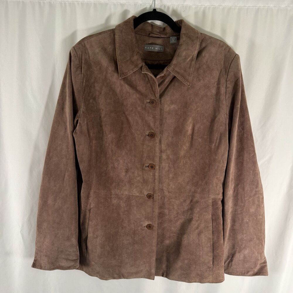 Kate Hill 100% Leather Suede Jacket Women's XL Brown Button Up Long Sleeve Colla